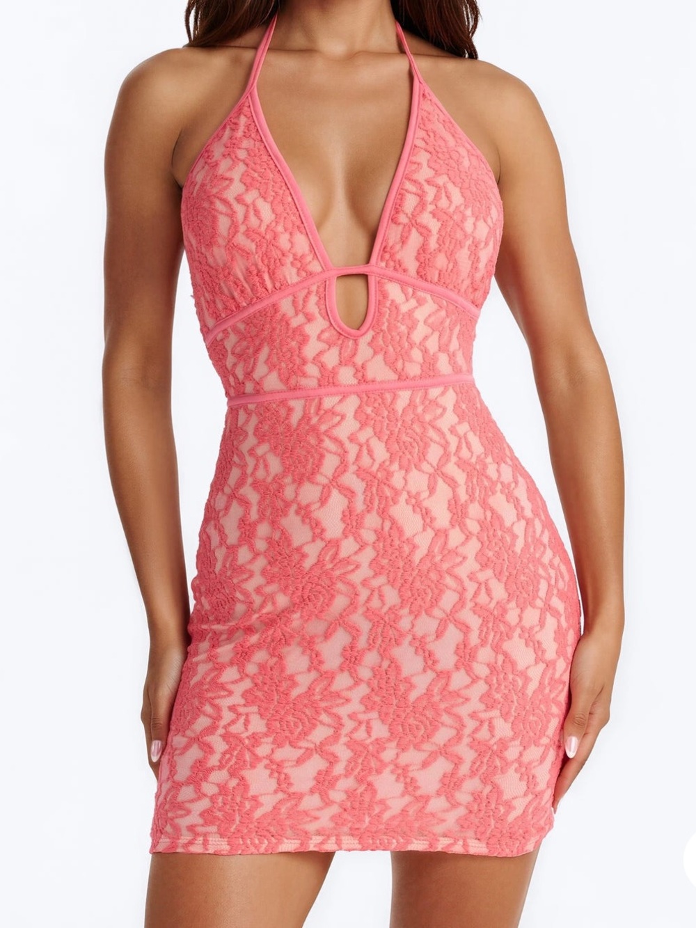 Fashion Nova Coral Lace Halter Mini Dress